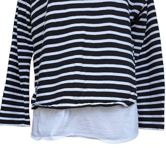 Izod Mock Layered Knit Sweater Pullover Black and White Striped Size L Buttons - Picture 3 of 9